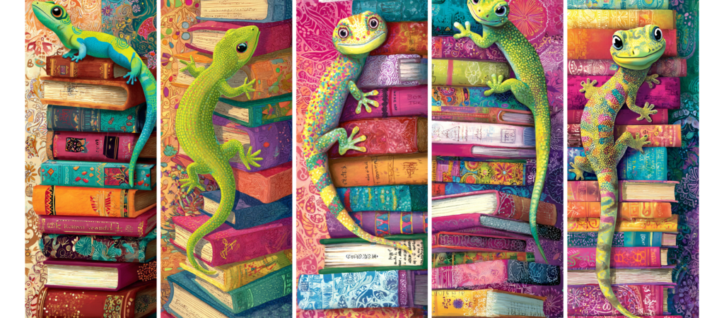 Bookmark Set of Whimsical Geckos Mixed Media 2″ x 6″ – Personal Use