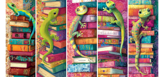 Bookmark Set of Whimsical Geckos Mixed Media 2″ x 6″ – Personal Use